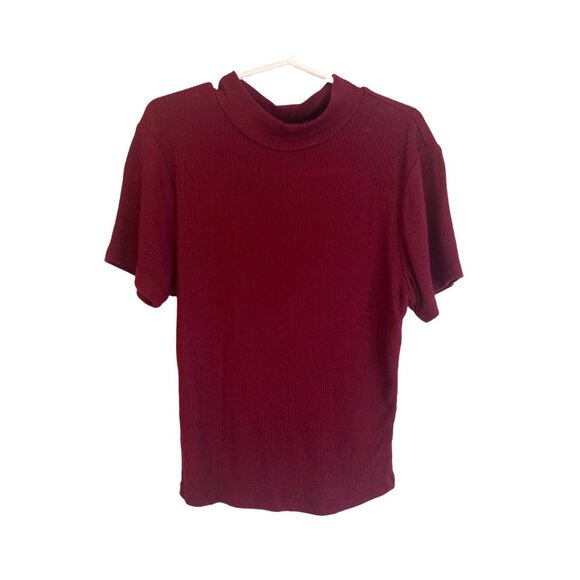 Bozzolo Ribbed Knit Short Sleeve Mock Neck Top In Burgundy - Size S - Picture 1 of 4